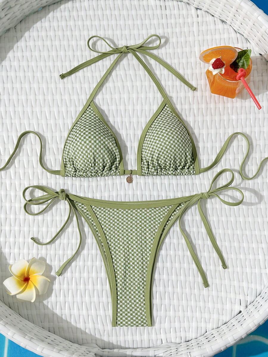SHEIN Bộ bikini gợi cảm vải kẻ caro buộc dây mới cho nữ, trang phục đi biển mùa hè - màu xanh lá - Xem 1