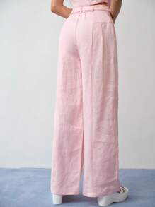 MOTF STUDIO Pantalones anchos de pierna ancha con bolsillos en ángulo, cinturón y pliegues, 100% lino, para uso diario
