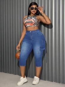 SHEIN SXY Plus Size Women Elastic Denim Blue Retro Fashion Pocket Skinny Jeans - Medium Wash - View 5