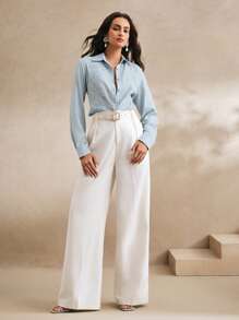 Anewsta Blusa de manga larga de lino bordada para mujer - Celeste - Ver 7