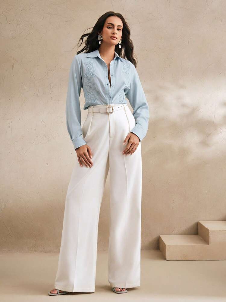 Camisa Feminina de Linho com Bordado de Manga Longa