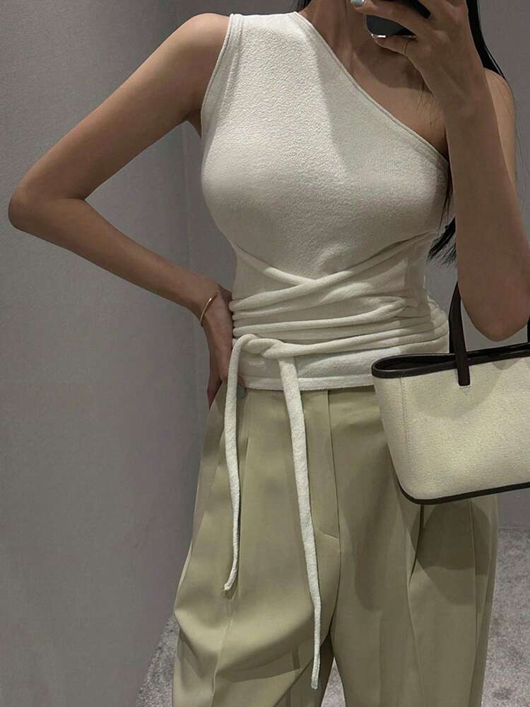 Women's Off Shoulder Skinny Lace Up Sleeveless Knit Top