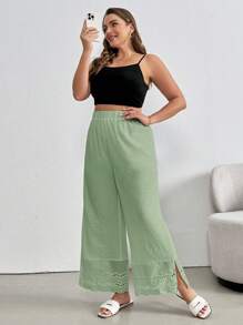 SHEIN Essnce Plus Size Women's Clothing Summer Clothes Summer Tops Fashion Casual Commuting Elegant Work Splicing Lace Linen Pants Petite Dress Pants White Wide Leg Women Pants - Mint Green - View 5