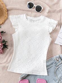 SHEIN 少女白色针织纹理短袖 T 恤，修身圆领休闲 T 恤，适合度假、下午茶、节日、午餐、音乐节、休闲外出 - 白色 - 查看 1