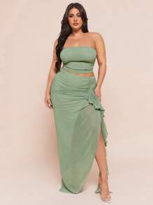 SHEIN BAE New Spring And Summer Plus Size Plus Size Women's Bean Green Gathered Mesh Tube Top, Gathered Slit Mesh Knitted Skirt, Two Pieces Suit, Suit Suitable For Dating, Party, Vacation, Beach, Graduation Season - Green - View 6