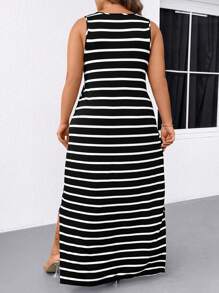 SHEIN LUNE Spring, Summer, Autumn Elegant Commuting Casual Women's Fashion Versatile Bestselling Striped Floral Pattern Fabric Round Neck Sleeveless Split Long Design Black & White Dress, Plus Size - Black and White - View 2