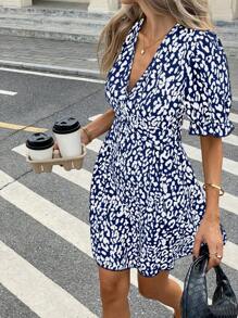 SHEIN Frenchy Women's Leopard Print V-Neck Short Sleeve Casual Mini Dress Summer - Navy Blue - View 4