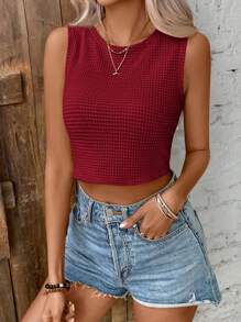 SHEIN Frenchy Women's Vacation Solid Color Back Tie Crop Tank Top Summer Christmas Burgundy Casual Red - Burgundy - View 3