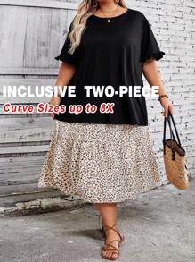SHEIN CURVE+ Plus Solid Tee & Ditsy Floral Ruffle Hem Skirt - Multicolor - View 8