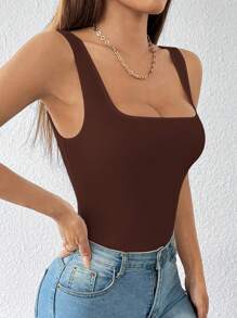 SHEIN PETITE 純色寬肩帶基礎彈性白色連身泳衣，適合嬌小女性 - 棕色 - 查看 5