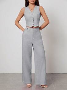 SHEIN PETITE 粉色西装背心上衣、直筒长裤、女士优雅西装套装 - 灰色 - 查看 5