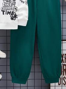 SHEIN Tween Boys' Casual Letter Print Round Neck Sweatshirt And Solid Color Thermal Lined Jogger Pants 2 Pieces Set, Thickened