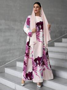 Al Najma 女士土耳其长袍和阿拉伯花卉印花长裙、卡夫坦和贾拉比亚 - 粉色 - 查看 4