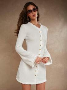 COSMINA Jednokolorowa damska sukienka mini z długim rękawem i frędzlami