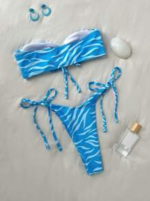 Swim Vcay 2pcs Women's Vacation Beach Party Blue Twist Bandeau Bikini Swimsuit Set, Spring/Summer - Blue - View 2