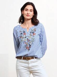 Miaspire 條紋圖案花卉刺繡缺口V領襯衫 - 彩色 - 查看 4