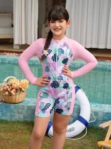 Traje de baño de una pieza con cremallera y manga larga, protección solar, estilo de vacaciones para niñas jóvenes