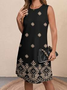 复古花卉印花无袖圆领及膝紧身女士度假连衣裙 A 字裙，休闲黑色花卉印花背心裙夏季女装太阳裙海滩女装 - 彩色 - 查看 1
