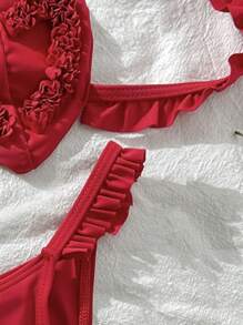 SHEIN Swim Mod Heart-Shaped Ruffle Halter Sexy Women 2 Pieces Swimsuit Set - Red - View 5