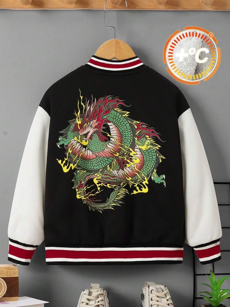 Young Boys' Comfortable Casual Dragon Pattern Color Block Fleece Baseball Jacket