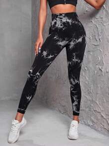 Seamluxe SHEIN Sport Tie Dye Running Leggings Tummy Control Sports Tights - Black - View 5