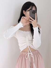DAZY Off-Shoulder Pleated Form-Fitting Short Women T-Shirt,Off Shoulder Top Going Out Tops - White - View 7