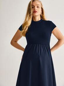 MaterniWear Maternity Solid Color Stand Collar Elegant Short Sleeve Dress, Summer Navy Blue - Navy Blue - View 6