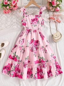 Tween Girl Summer Floral Print Ruffle Hem Dress - Pink - View 1