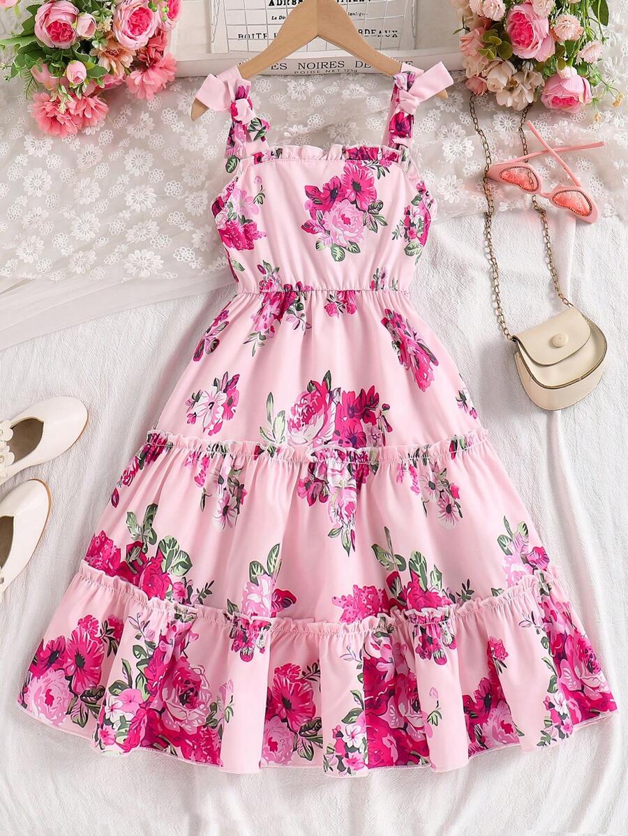 Tween Girl Summer Floral Print Ruffle Hem Dress - Pink - View 1
