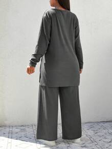 Cloudara Plus V-neck Split Hem Tee & Wide Leg Pants - Dark Grey - View 2