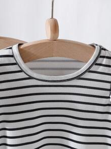 3pcs Girls' Summer Casual Vacation Knit Dress Set,Navy Blue And White Striped & Solid Color,Lightweight Stretchy Short Ruffle Sleeve Regular Style - Multicolor - View 4