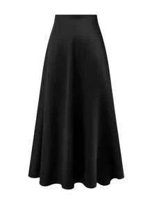 SHEIN PETITE 大码女式优雅多用途黑色缎面裙子，长裙，青春时尚 - 黑色 - 查看 5