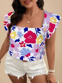 SHEIN VCAY Plus Size Floral Print Cropped Sleeve Square Neck Blouse