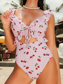 Swim Mod Summer Vacation Sexy Cherry Ruffle Hollow Back One-Piece Swimsuit For Women - Multicolor - View 8