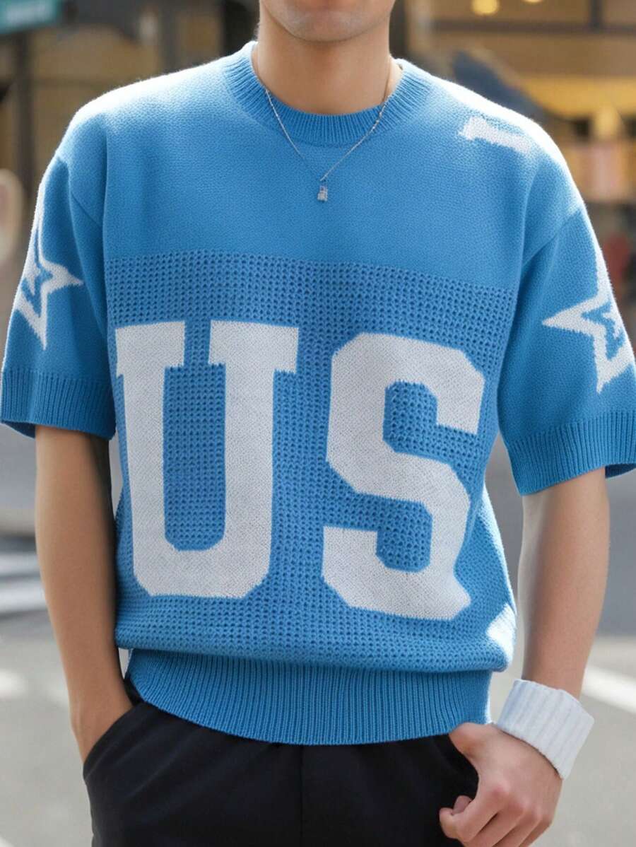 Manfinity Homme 男士休闲数字图案圆领短袖针织上衣 - 藍色 - 查看 1