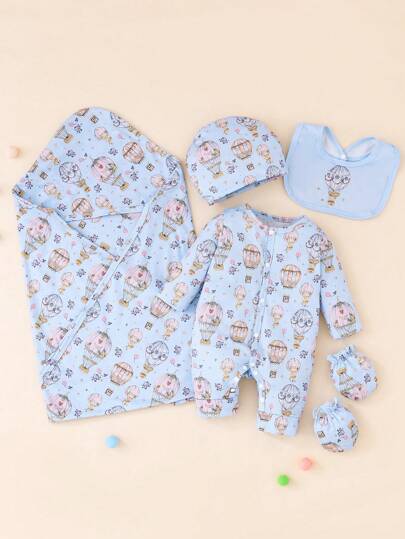 SHEIN This Newborn Baby Girl Whimsical Balloon Print Outfit Gift Set, With Its Sweet And Dreamy Balloon Pattern Design, Brings Warmth And Childlike Charm To The Little Princess. The Gift Set Includes A Romper, A Swaddle Blanket, A Bib, A Pair Of Mittens, And A Hat, Providing An All-Around Comfortable And Adorable Experience. This Thoughtfully Designed Gift Box Is Perfect As A Newborn Gift, Allowing The Baby And Parents To Feel The Love And Care. New Born Baby Sets Baby Clothes Sets
