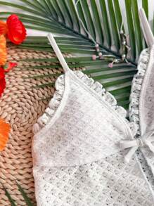 SHEIN Teen Girls White Knit Jacquard Ruffle Edge Cute Swimwear Set, Bow Accent Tankini Set, Beach Resort - White - View 6