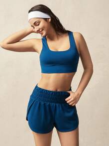 VARSITIE Women's Blue Ruched Knitted Fabric Workout Shorts: Comfortable And Stylish Activewear For Your Fitness Routine