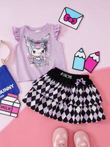 HELLO KITTY AND FRIENDS | SHEIN 少女卡通印花紫色盖袖可爱甜美盖袖T恤和黑紫色格子校裙两件套