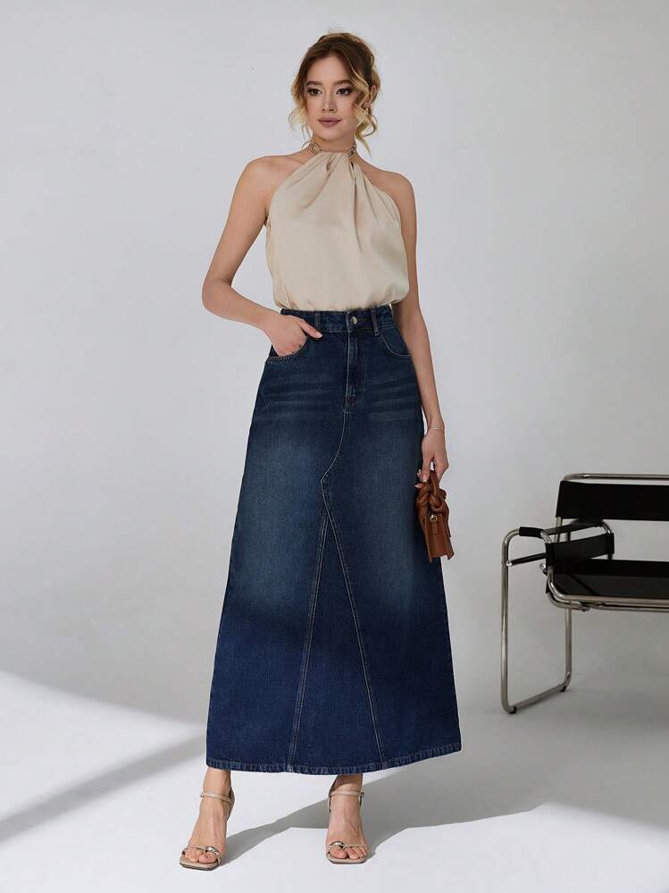 CLARA VERO 100% Cotton Low Waist Washed Strong Denim Skirt - Dark Wash - View 3