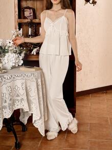 2pcs/Set Women Spaghetti Strap Ruffle Hem Pajama Set - White - View 5