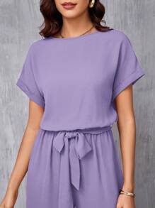 SHEIN Clasi Bộ đồ liền thân cổ tròn thanh lịch dành cho nữ có thắt lưng và ống rộng - Màu tím hoa cà - Xem 6
