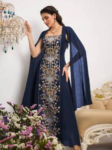 Al Najma Women's Floral Print Patchwork Ruffled Elegant Arabic Style Dress - Navy Blue - View 4