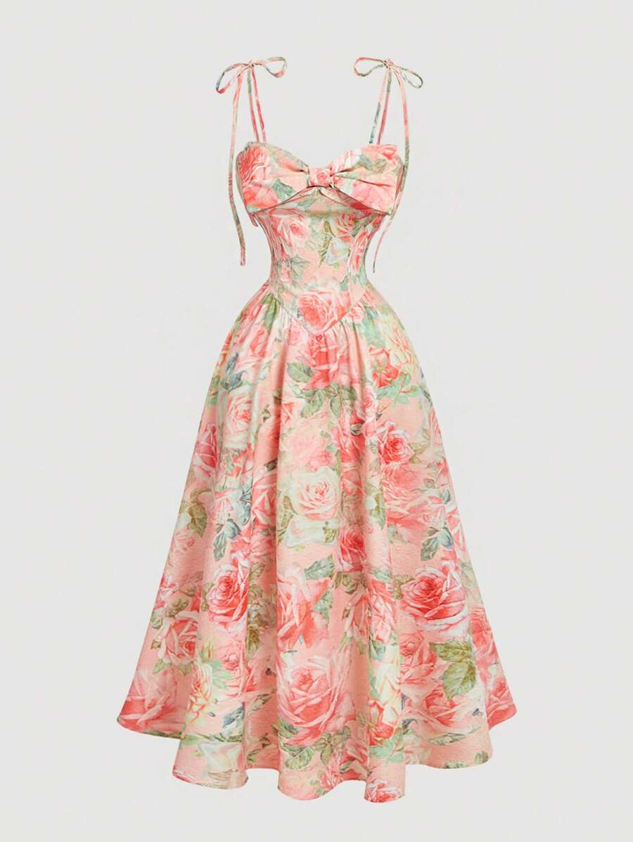 SHEIN MOD 女士粉色花卉印花连衣裙配大蝴蝶结 - 彩色 - 查看 1