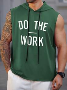 Manfinity Homme Plus Size Men's Slogan Printed Drawstring Casual Hooded Tank Top - Green - View 6