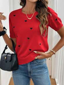 SHEIN Frenchy 女士针织心形图案圆领短袖毛衣，简约时尚 - 紅色 - 查看 3