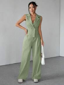 SHEIN PETITE Two Pieces Fall Outfits 2pcs/Set Women Solid Color Sleeveless Top And Pants Fall Clothes - Green - View 4