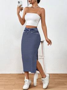 Chiquease Summer Casual Striped Twist Slit Mid-Length Skirt