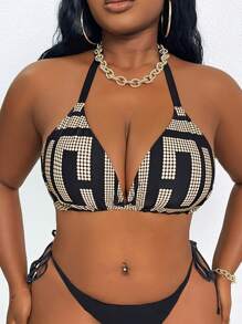 Slaydiva Plus Size Rhinestone Embellished Sexy Party Bikini Top For Summer Beach Vacation - Khaki - View 7
