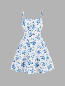 SHEIN Leap Crew Vestido corto de línea A con estampado floral azul y blanco con lazo en la espalda, apropiado para niña preadolescente en otoño/invierno, para fiesta/uso diario/vacaciones - Azul - Ver 4